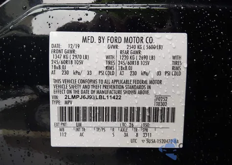 2020 Lincoln Nautilus Standard z USA, uszkodzony, nr VIN 2LMPJ6J93LBL11422